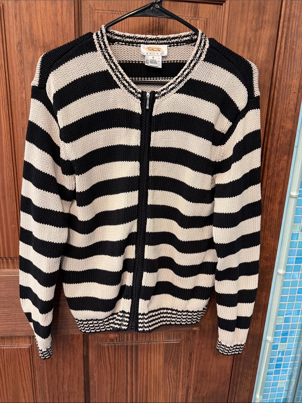 Talbots Black and Cream Striped Zip-Up Sweater